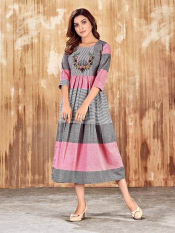 Grab This Readymade Long Kurti In Fine Color Fabricated On Cotton Wevon Designer Beautified With Hand Embroidery Work. It Is Light In Weight And Easy To Carry All Day Long. 