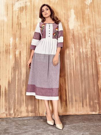 Grab This Readymade Long Kurti In Fine Color Fabricated On Cotton Wevon Designer Beautified With Hand Embroidery Work. It Is Light In Weight And Easy To Carry All Day Long. 