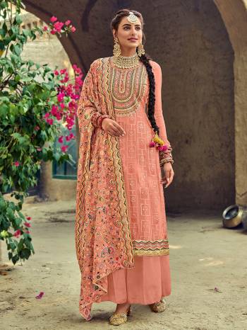 Look Pretty This Designer Long Length Suit In Lovely Fine Light Color.?Its Pretty Heavy Designer Thread Embroidred Work Top Is Faux Georgette Based Paired With Santoon Bottom And Faux Georgette Fabricated Work Dupatta Which Gives An Attractive To The Suit.