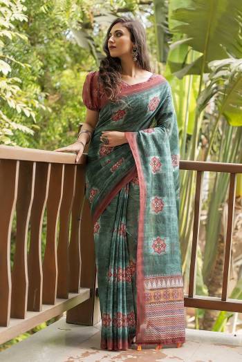 Garb This Partywear Saree Are Fine Saree Paired With Blouse.  This Designer Wevon Jari With Digital Printed Saree And Blouse Are Linen Cotton Fabric. Which Gives A Rich Look To Your Personality. Buy This Pretty Saree Now.