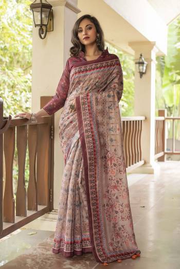 Garb This Partywear Saree Are Fine Saree Paired With Blouse.  This Designer Wevon Jari With Digital Printed Saree And Blouse Are Linen Cotton Fabric. Which Gives A Rich Look To Your Personality. Buy This Pretty Saree Now.