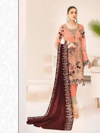 Garb This Designer Long Length Pakistani Suit In Lovely Light Color.?Its Pretty Heavy Designer Embroidred Work Top Is Faux Grorgette Based Paired With Santoon Bottom And Naznin Fabricated Dupatta Which Gives An Attractive To The Suit.