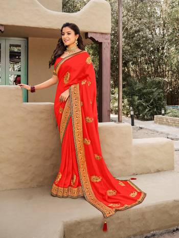 Look Attractive Wearing This Fine Colored Saree Paired With Blouse.  This Heavy Designer Saree Is Vichitra Silk Based Which Gives A Rich Look To Your Personality. Buy This Pretty Saree Now.