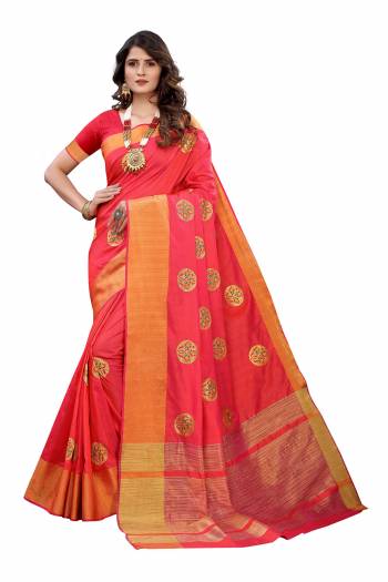 Celebrate This Festive Season In This Very Pretty Colored Designer Saree Paired With Blouse. This Saree and Blouse Soft Silk Based Beautified With Detailed Wevon With Embroidery Butta. 