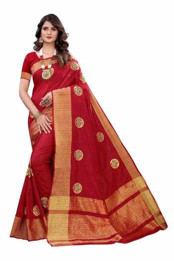 Celebrate This Festive Season In This Very Pretty Colored Designer Saree Paired With Blouse. This Saree and Blouse Soft Silk Based Beautified With Detailed Wevon With Embroidery Butta. 