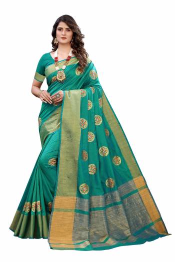 Celebrate This Festive Season In This Very Pretty Colored Designer Saree Paired With Blouse. This Saree and Blouse Soft Silk Based Beautified With Detailed Wevon With Embroidery Butta. 