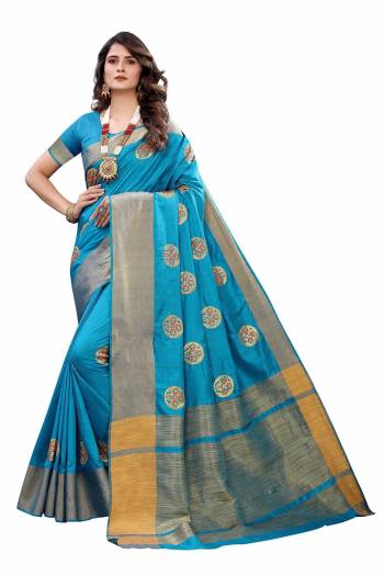 Celebrate This Festive Season In This Very Pretty Colored Designer Saree Paired With Blouse. This Saree and Blouse Soft Silk Based Beautified With Detailed Wevon With Embroidery Butta. 