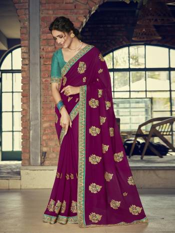 Look Attractive Wearing This Fine Colored Saree Paired With Contrasted Blouse.  This Heavy Designer Saree Is Georgette Based Which Gives A Rich Look To Your Personality. Buy This Pretty Saree Now.