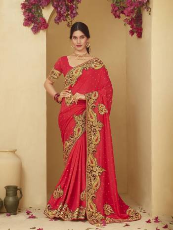 Adorn The Pretty Angelic Look Wearing This Heavy Designer Peach And Diamond Work Saree In Fine Color Paired With Blouse. This Saree Is Fabricated On Vichitra Silk Paired With  Blouse. Its Pretty Color Pallete Will Give An Attractive Look To Your Personality. 