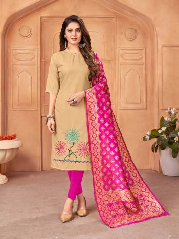 Look Pretty This Designer Long Length Suit In Lovely Fine Light Color.?Its Pretty Designer Thread Embroidred Work Top Is Handloom Slub Based Paired With Cotton Bottom And Banarasi Silk Wevon Designer Fabricated Work Dupatta Which Gives An Attractive To The Suit.