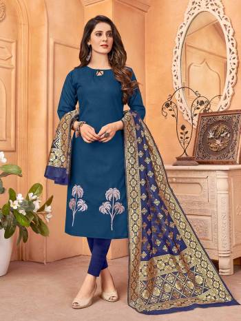 Look Pretty This Designer Long Length Suit In Lovely Fine Light Color.?Its Pretty Designer Thread Embroidred Work Top Is Handloom Slub Based Paired With Cotton Bottom And Banarasi Silk Wevon Designer Fabricated Work Dupatta Which Gives An Attractive To The Suit.