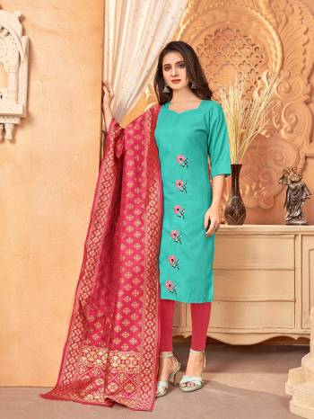 Look Pretty This Designer Long Length Suit In Lovely Fine Light Color.?Its Pretty Designer Thread Embroidred Work Top Is Handloom Slub Based Paired With Cotton Bottom And Banarasi Silk Wevon Designer Fabricated Work Dupatta Which Gives An Attractive To The Suit.