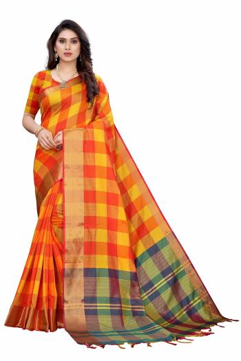 Look Attractive Wearing This Saree Paired With Blouse.  This Wevon  Designer Saree Is Cotton Silk Based Which Gives A Rich Look To Your Personality. Buy This Pretty Saree Now.