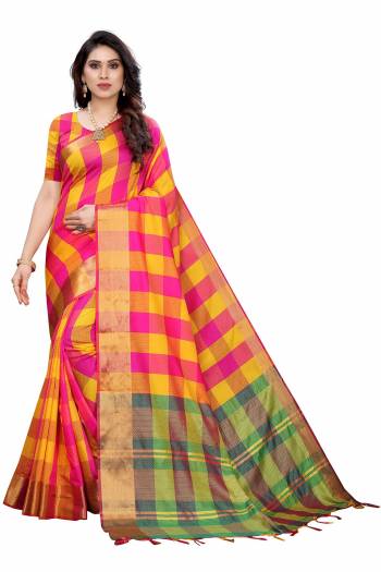 Look Attractive Wearing This Saree Paired With Blouse.  This Wevon  Designer Saree Is Cotton Silk Based Which Gives A Rich Look To Your Personality. Buy This Pretty Saree Now.