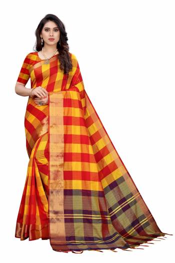 Look Attractive Wearing This Saree Paired With Blouse.  This Wevon  Designer Saree Is Cotton Silk Based Which Gives A Rich Look To Your Personality. Buy This Pretty Saree Now.