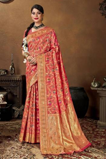 Garb This Traditional Partywear Saree Are Fine Saree Paired With Blouse.  This Heavy Wevon Designer Saree And Blouse Is Banarasi Silk Based Fabric. Which Gives A Rich Look To Your Personality. Buy This Pretty Saree Now.