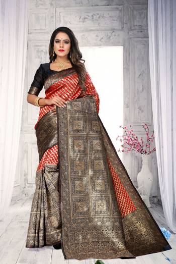 Celebrate This Festive Season In This Very Pretty Colored Designer Saree Paired With Contrasting Colored Blouse. This Saree and Blouse Are Banarasi Silk Based Beautified With Detailed Wevon Designer. 