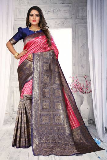 Celebrate This Festive Season In This Very Pretty Colored Designer Saree Paired With Contrasting Colored Blouse. This Saree and Blouse Are Banarasi Silk Based Beautified With Detailed Wevon Designer. 