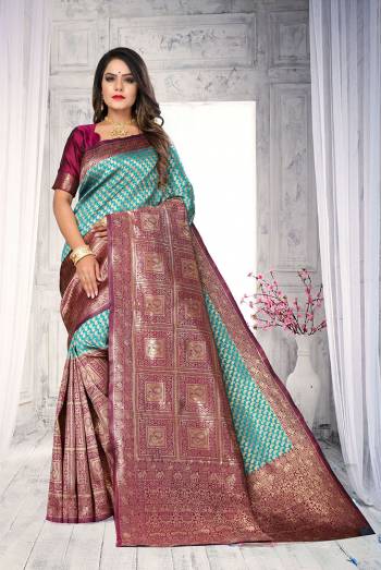 Celebrate This Festive Season In This Very Pretty Colored Designer Saree Paired With Contrasting Colored Blouse. This Saree and Blouse Are Banarasi Silk Based Beautified With Detailed Wevon Designer. 