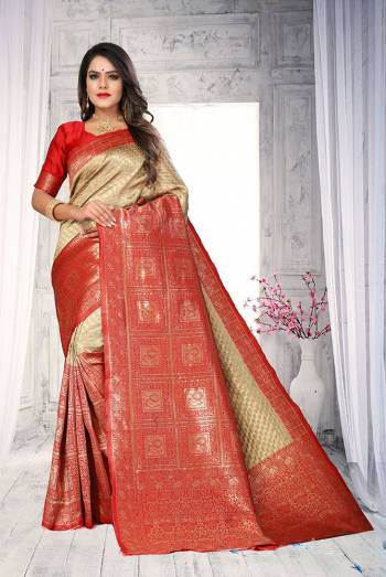 Celebrate This Festive Season In This Very Pretty Colored Designer Saree Paired With Contrasting Colored Blouse. This Saree and Blouse Are Banarasi Silk Based Beautified With Detailed Wevon Designer. 