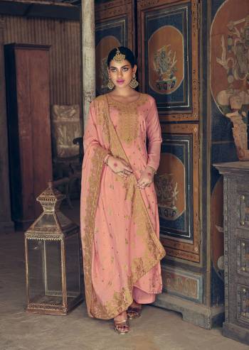 Attrective This Designer Long Length Suit In Lovely Light Color.?Its Pretty Heavy Wevon Jacquard Designer And Hand Work Top Is Silk Based Paired With Cotton Bottom And Silk Jacquard Fabricated Dupatta Which Gives An Attractive To The Suit.