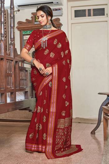 Look This Saree Are Fine Saree Paired With Blouse.  This Designer Foil Printed Saree Is Chanderi Based And Blouse Are Chanderi Fabric. Which Gives A Rich Look To Your Personality. Buy This Pretty Saree Now.