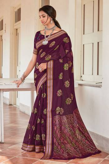 Look This Saree Are Fine Saree Paired With Blouse.  This Designer Foil Printed Saree Is Chanderi Based And Blouse Are Chanderi Fabric. Which Gives A Rich Look To Your Personality. Buy This Pretty Saree Now.