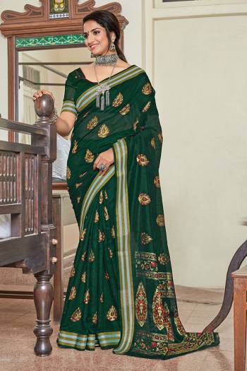 Look This Saree Are Fine Saree Paired With Blouse.  This Designer Foil Printed Saree Is Chanderi Based And Blouse Are Chanderi Fabric. Which Gives A Rich Look To Your Personality. Buy This Pretty Saree Now.