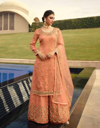 Garb This Designer Long Length Designer Plazzo Suit In Lovely Fine Color.?Its Pretty Heavy Designer Wevon Jacquard And Embroidred Work Top Is Dola Silk Based Paired With Soft Net Bottom And Soft Net Fabricated Dupatta Which Gives An Attractive To The Suit.