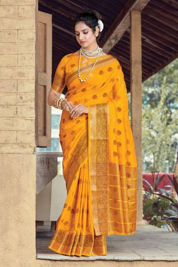 Attrective This Partywear Saree Are Fine Saree Paired With Blouse.  This Designer Wevon Jari Work Saree And Blouse Are Silk Based Fabric. Which Gives A Rich Look To Your Personality. Buy This Pretty Saree Now.