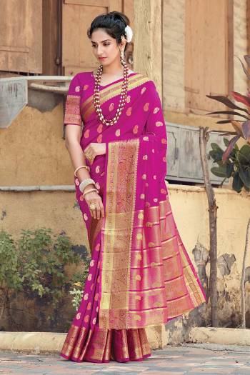 Attrective This Partywear Saree Are Fine Saree Paired With Blouse.  This Designer Wevon Jari Work Saree And Blouse Are Silk Based Fabric. Which Gives A Rich Look To Your Personality. Buy This Pretty Saree Now.