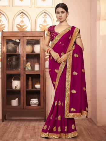 This Party Wear Saree Are Fine Saree Paired With Matching Blouse.This Heavy Embroidery Saree Is Vichitra Silk Based And Blouse Are Art Silk Fabric. Which Gives A Rich Look To Your Personality. Buy This Pretty Saree Now.