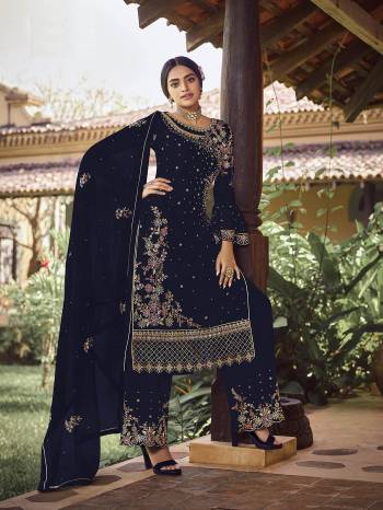 Looking This Designer Long Length Designer Plazzo Suit In Lovely Fine Color.?Its Pretty Heavy Designer Embroidred Work Top Is Faux Georgette Based Paired With Santoon Bottom And Faux Georgette Fabricated Dupatta Which Gives An Attractive To The Suit.