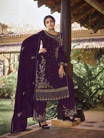 Looking This Designer Long Length Designer Plazzo Suit In Lovely Fine Color.?Its Pretty Heavy Designer Embroidred Work Top Is Faux Georgette Based Paired With Santoon Bottom And Faux Georgette Fabricated Dupatta Which Gives An Attractive To The Suit.