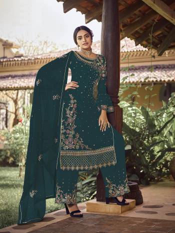 Looking This Designer Long Length Designer Plazzo Suit In Lovely Fine Color.?Its Pretty Heavy Designer Embroidred Work Top Is Faux Georgette Based Paired With Santoon Bottom And Faux Georgette Fabricated Dupatta Which Gives An Attractive To The Suit.