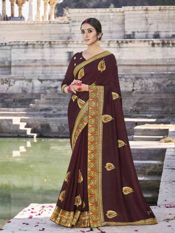 Look Attractive Wearing This Fine Colored Saree Paired With Blouse.  This Heavy Designer Embroidery Work Saree Is Vichitra Silk Based Which Gives A Rich Look To Your Personality. Buy This Pretty Saree Now.