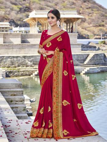 Look Attractive Wearing This Fine Colored Saree Paired With Blouse.  This Heavy Designer Embroidery Work Saree Is Vichitra Silk Based Which Gives A Rich Look To Your Personality. Buy This Pretty Saree Now.