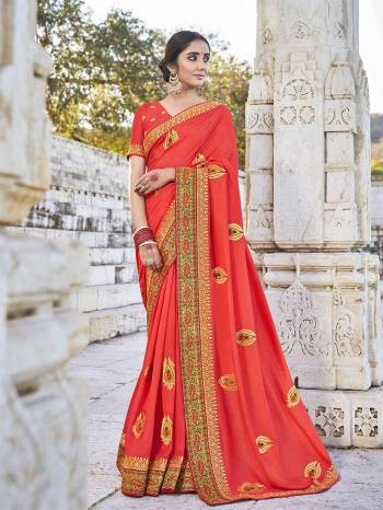 Look Attractive Wearing This Fine Colored Saree Paired With Blouse.  This Heavy Designer Embroidery Work Saree Is Vichitra Silk Based Which Gives A Rich Look To Your Personality. Buy This Pretty Saree Now.