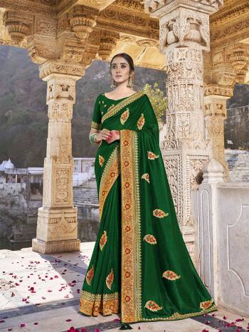 Look Attractive Wearing This Fine Colored Saree Paired With Blouse.  This Heavy Designer Embroidery Work Saree Is Vichitra Silk Based Which Gives A Rich Look To Your Personality. Buy This Pretty Saree Now.