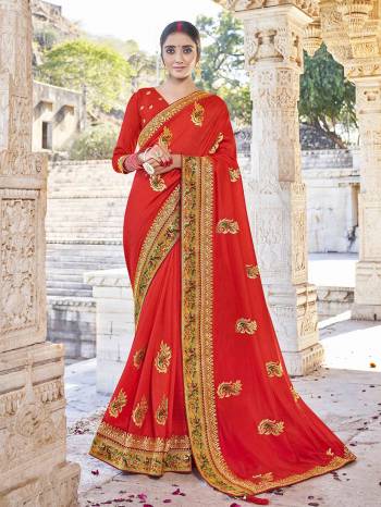 Look Attractive Wearing This Fine Colored Saree Paired With Blouse.  This Heavy Designer Embroidery Work Saree Is Vichitra Silk Based Which Gives A Rich Look To Your Personality. Buy This Pretty Saree Now.