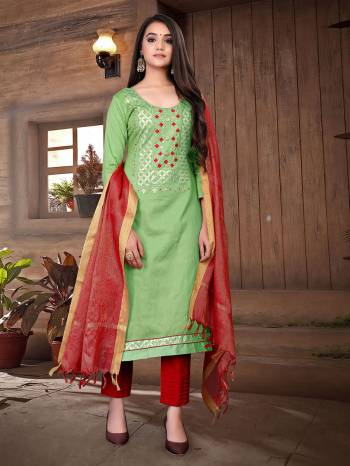 This Designer Long Length Suit In Lovely Fine Color.?Its Heavy Designer Gota Pati Embroidred Work Top Is Glass Cotton Based Paired With Cotton Bottom And Banarasi Silk Fabricated Dupatta Which Gives An Attractive To The Suit.