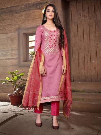 This Designer Long Length Suit In Lovely Fine Color.?Its Heavy Designer Gota Pati Embroidred Work Top Is Glass Cotton Based Paired With Cotton Bottom And Banarasi Silk Fabricated Dupatta Which Gives An Attractive To The Suit.