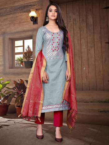 This Designer Long Length Suit In Lovely Fine Color.?Its Heavy Designer Gota Pati Embroidred Work Top Is Glass Cotton Based Paired With Cotton Bottom And Banarasi Silk Fabricated Dupatta Which Gives An Attractive To The Suit.