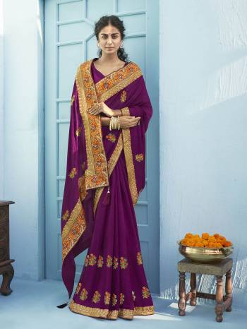 Garb This Party Wear Saree Are Fine Saree Paired With Blouse.This Embroidery And Diamond WorkSaree Is Vichitra Silk Based And Blouse Are Vichitra Silk Fabric. Buy This Pretty Saree Now.