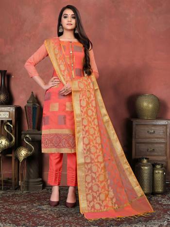 Looking This Designer Long Length Suit In Lovely Light Color.?Its Pretty Wevon Designer Work Top Is Banarasi Silk Based Paired With Santoon Bottom And Banarasi Silk Fabricated Dupatta Which Gives An Attractive To The Suit.