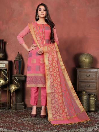 Looking This Designer Long Length Suit In Lovely Light Color.?Its Pretty Wevon Designer Work Top Is Banarasi Silk Based Paired With Santoon Bottom And Banarasi Silk Fabricated Dupatta Which Gives An Attractive To The Suit.