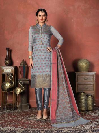 Looking This Designer Long Length Suit In Lovely Light Color.?Its Pretty Wevon Designer Work Top Is Banarasi Silk Based Paired With Santoon Bottom And Banarasi Silk Fabricated Dupatta Which Gives An Attractive To The Suit.