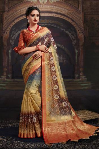 Garb This Party Wear Saree Are Fine Saree Paired With Contrased Blouse.This Heavy Wevon Designer With Digital Printed Saree Is Chanderi And Blouse Are Chanderi Fabric. Which Gives A Rich Look To Your Personality. Buy This Pretty Saree Now.