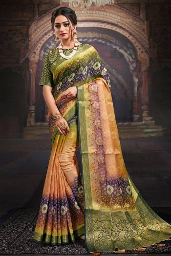 Garb This Party Wear Saree Are Fine Saree Paired With Contrased Blouse.This Heavy Wevon Designer With Digital Printed Saree Is Chanderi And Blouse Are Chanderi Fabric. Which Gives A Rich Look To Your Personality. Buy This Pretty Saree Now.