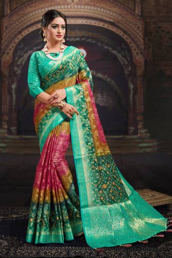 Garb This Party Wear Saree Are Fine Saree Paired With Contrased Blouse.This Heavy Wevon Designer With Digital Printed Saree Is Chanderi And Blouse Are Chanderi Fabric. Which Gives A Rich Look To Your Personality. Buy This Pretty Saree Now.